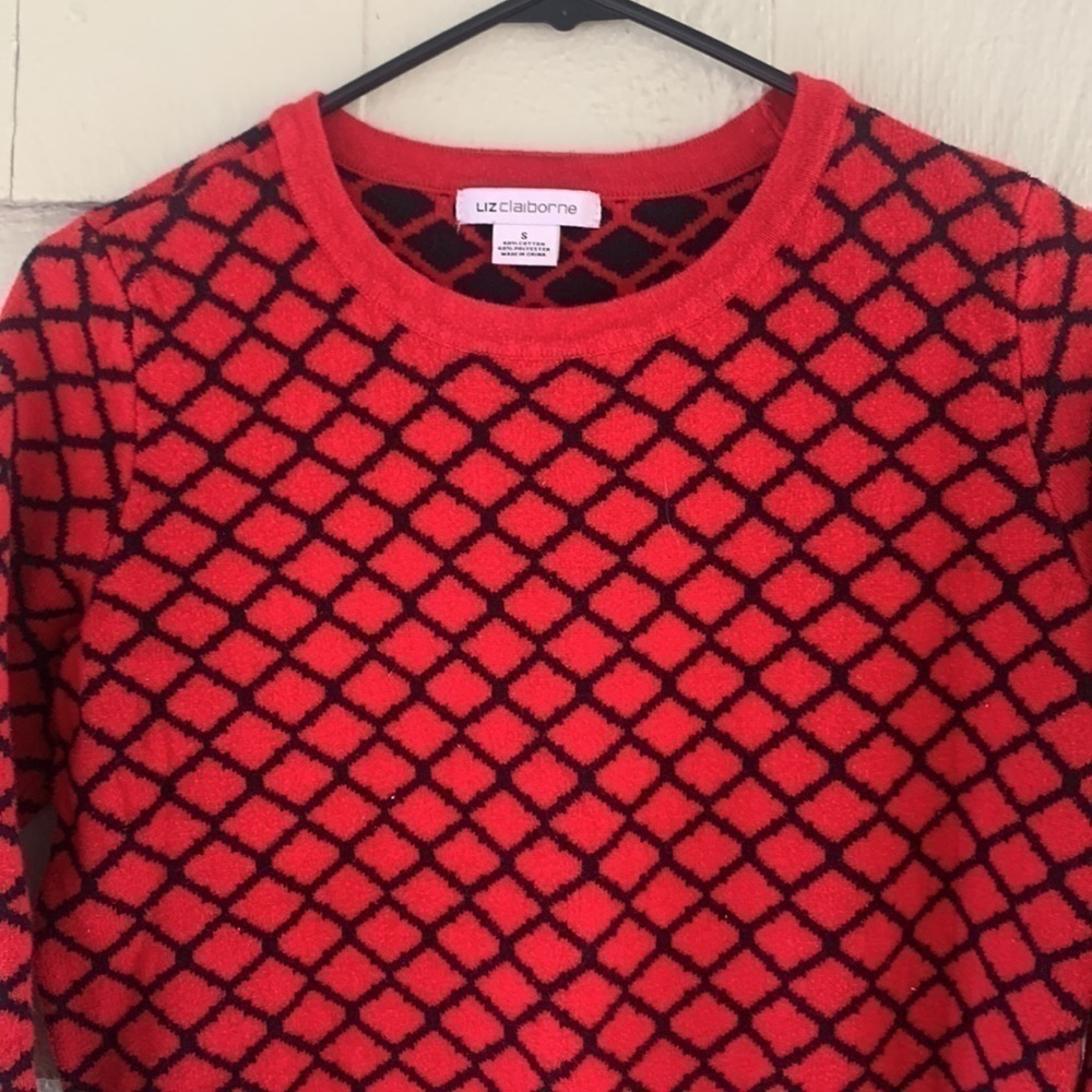 LIZ Claiborne black and red diamond patterned crew neck 3/4 sleeve sweater - Picture 2 of 5